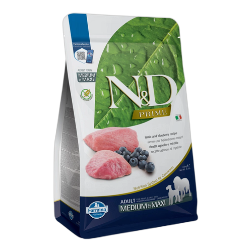 N&D Prime Lamb & Blueberry Adult Medium & Maxi - суха храна без зърнени култури за кучета над 1 година от средни и едри 