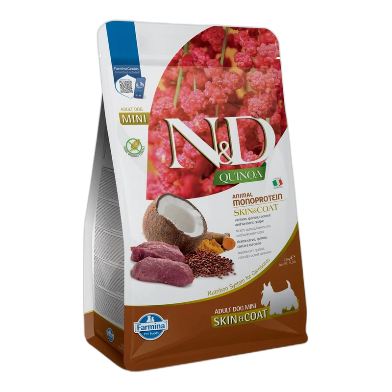 N&D Quinoa Skin & Coat with Venison for adult MINI dog - суха храна без зърнени култури за здрава кожа и козина, за куче