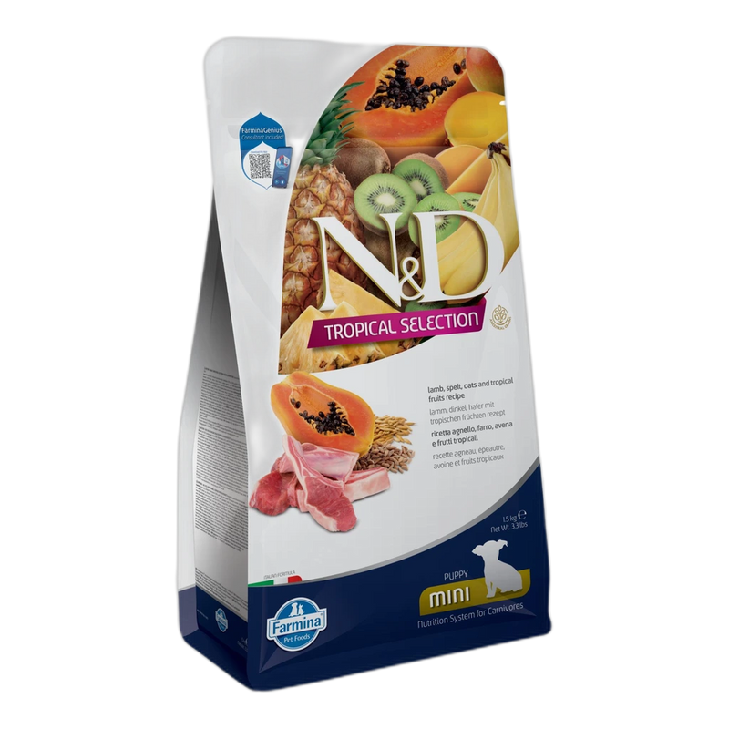 N&D Tropical Selection Puppy MINI Lamb and Tropical fruits - суха храна за подрастващи кученца от дребни породи с агнешк