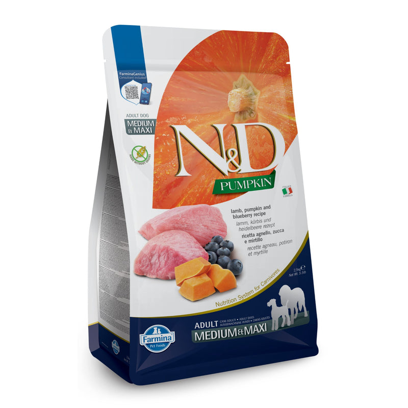 N&D Pumpkin Lamb & Blueberry Adult Medium & Maxi – беззърнена суха храна за кучета над 1 година от средни и едри породи