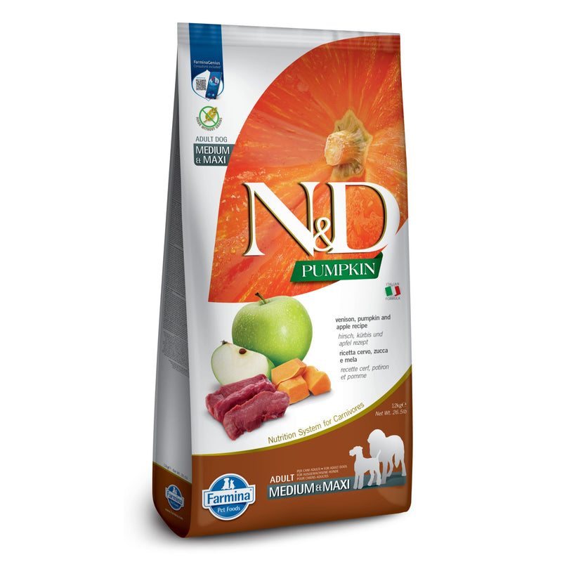 N&D Pumpkin Venison & Apple Adult Medium & Maxi - суха храна без зърнени култури за кучета над 1 година от средни и едри породи, с еленско, тиква и ябълка, 12кг