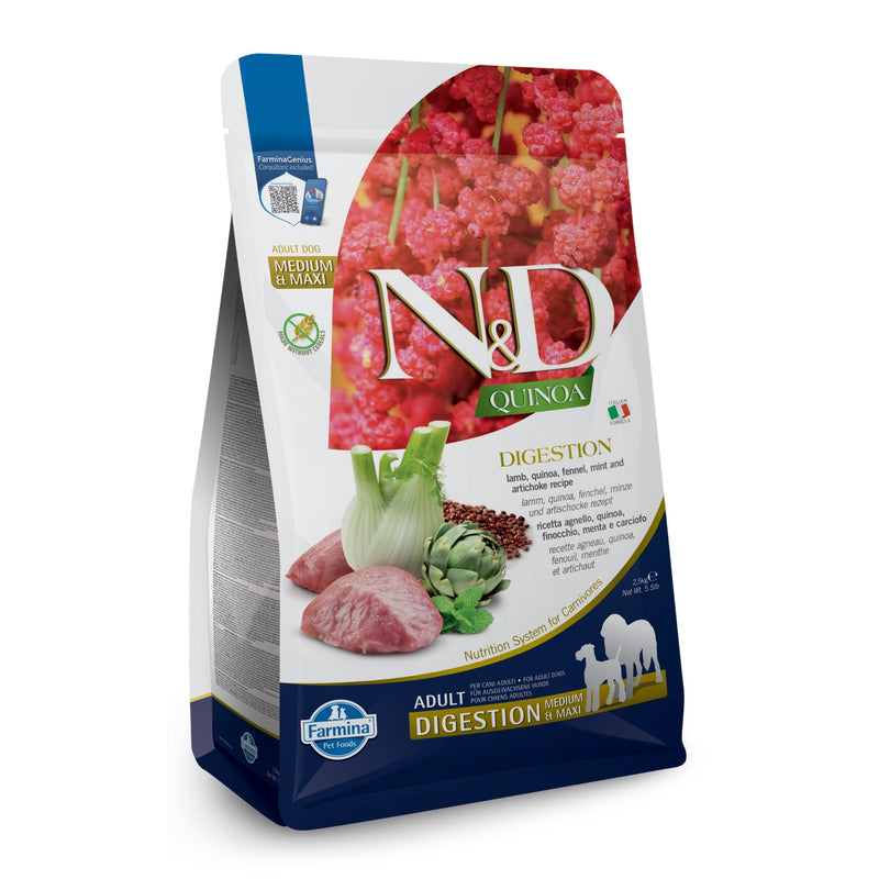 N&D Quinoa Digestion Lamb Adult Medium & Maxi Dogs – беззърнена суха храна за добро храносмилане за кучета от средни и едри породи над 1 година
