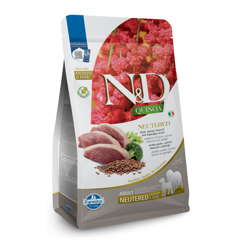 N&D Quinoa Neutered Dog Adult Medium & Maxi with Duck, Broccoli & Asparagus – беззърнена суха храна за кастрирани кучета от средни и едри породи над 1 година