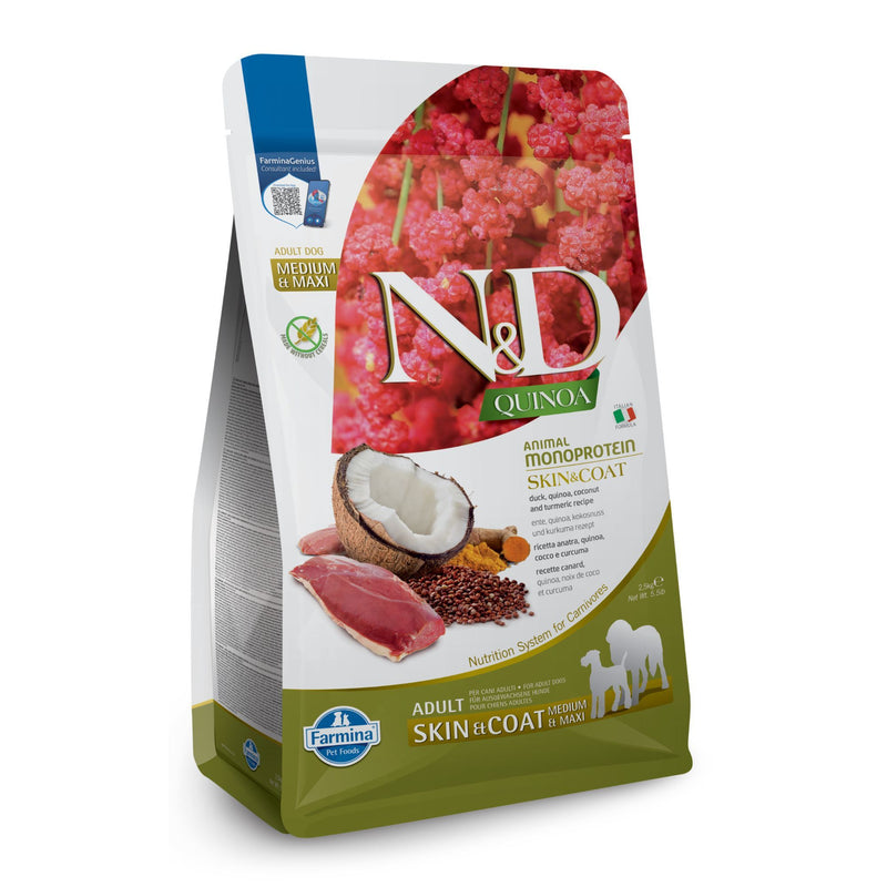 N&D Quinoa Skin & Coat with Duck for Adult Medium & Maxi Dog – беззърнена суха храна за здрава кожа и козина за кучета от средни и едри породи над 1 година