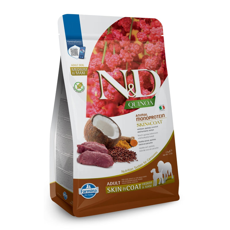 N&D Quinoa Skin & Coat with Venison for Adult Medium & Maxi Dog – беззърнена суха храна за здрава кожа и козина за кучета от средни и едри породи над 1 година