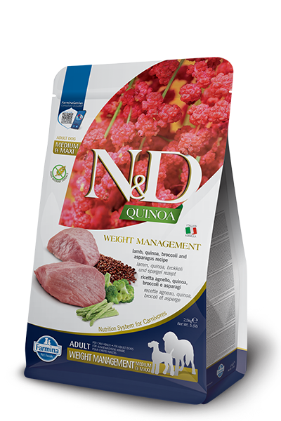 N&D Quinoa Weight Management with Lamb for Adult Medium & Maxi Dog – беззърнена суха храна за контрол на теглото за кучета от средни и едри породи над 1 година