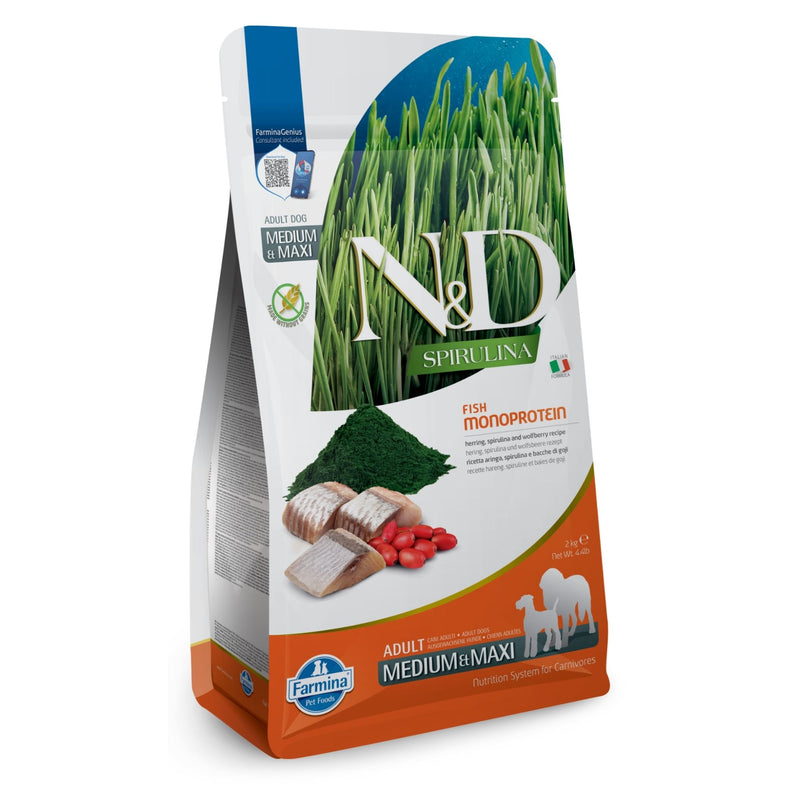 N&D Spirulina Herring & Wolfberry Adult Medium & Maxi Dog – беззърнена суха храна за кучета от средни и едри породи над 1 година