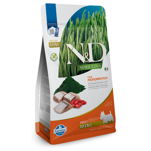 N&D Spirulina Herring & Wolfberry Adult MINI dog - суха храна без зърнени култури за кучета от мини породи над 1 година, с херинга, спирулина и годжи бери, 2кг