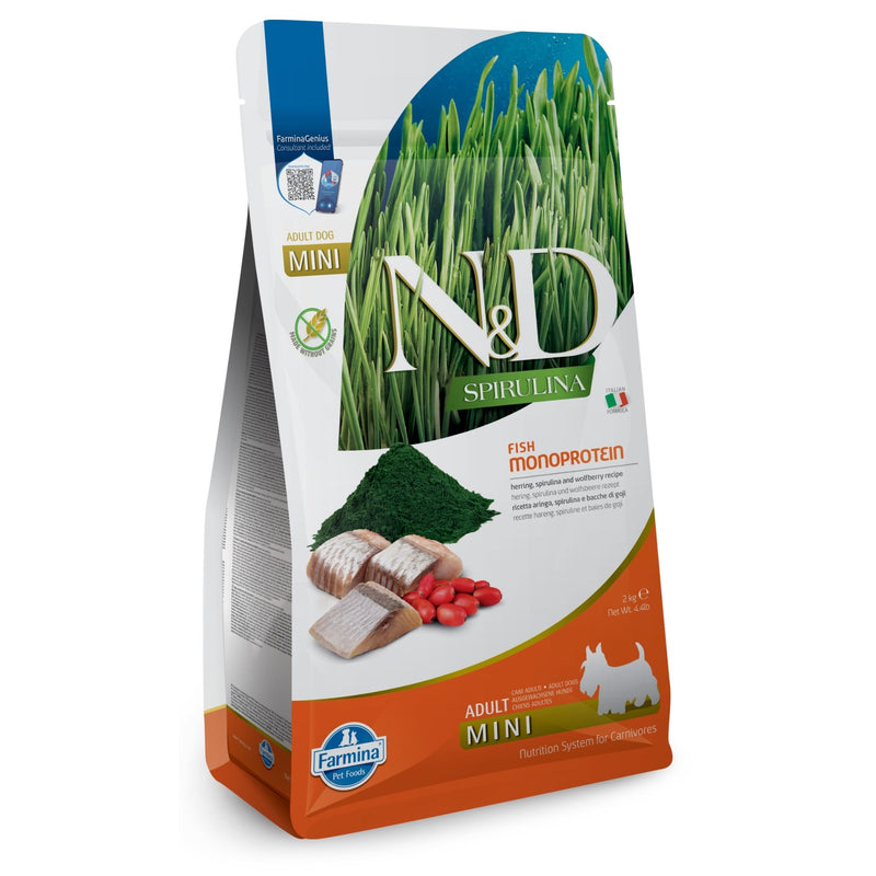 N&D Spirulina Herring & Wolfberry Adult MINI dog - суха храна без зърнени култури за кучета от мини породи над 1 година, с херинга, спирулина и годжи бери, 2кг