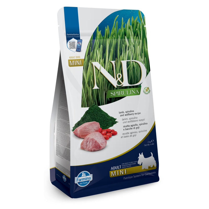 N&D Spirulina Lamb & Wolfberry Adult Mini Dog – беззърнена суха храна за кучета от мини породи над 1 година