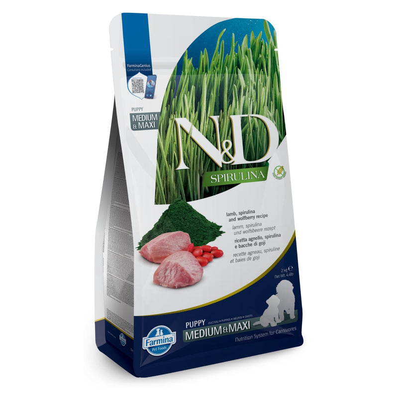 N&D Spirulina Lamb & Wolfberry Puppy Medium & Maxi – беззърнена суха храна за подрастващи кученца от средни и едри породи