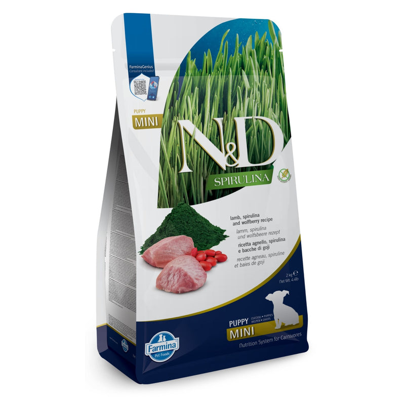 N&D Spirulina Lamb & Wolfberry Puppy Mini – беззърнена суха храна за подрастващи кученца от мини породи