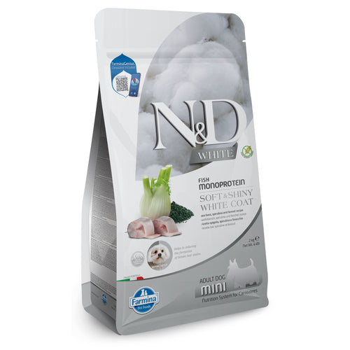N&D White Dog Sea Bass, Spirulina & Fennel Adult Mini – монопротеинова беззърнена суха храна за кучета с бяла козина от мини породи над 1 година