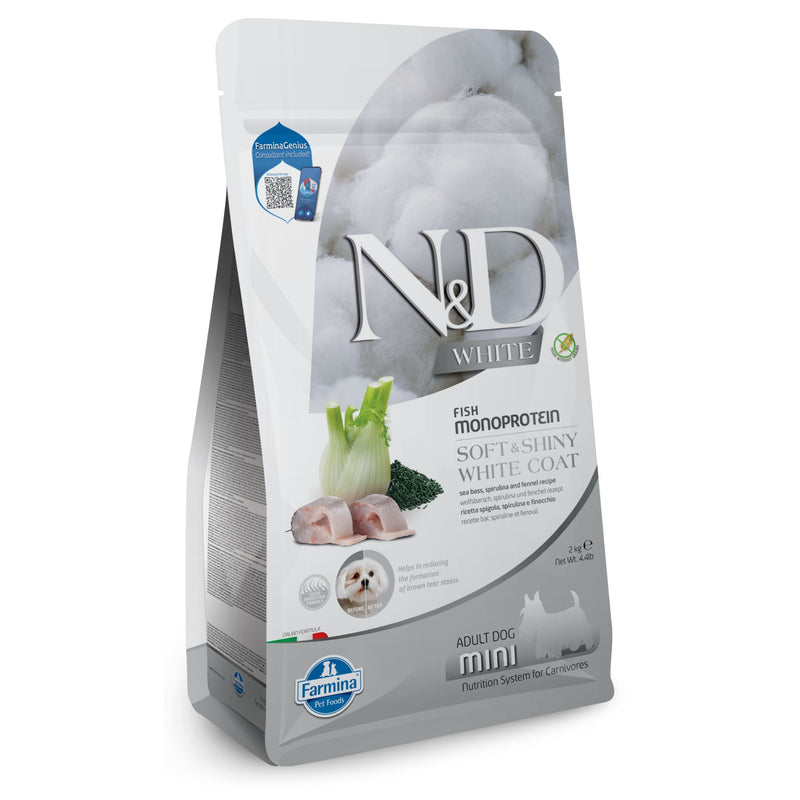 N&D White Dog Sea Bass, Spirulina & Fennel Adult Mini – монопротеинова беззърнена суха храна за кучета с бяла козина от мини породи над 1 година