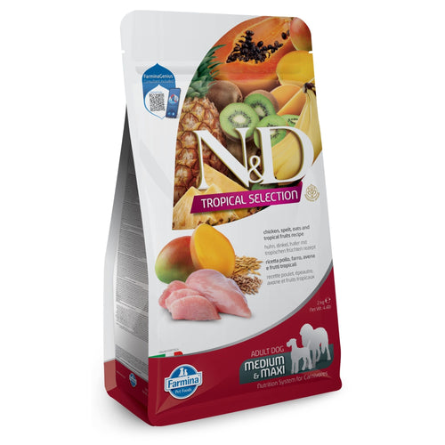N&D Tropical Selection Dog Adult Medium & Maxi Chicken and Tropical Fruits – суха храна за кучета над 1 година от средни и едри породи