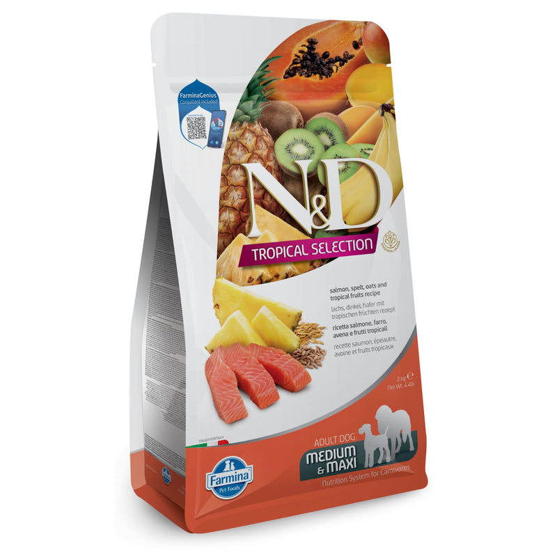 N&D Tropical Selection Dog Adult Medium & Maxi Salmon and Tropical Fruits – суха храна за кучета над 1 година от средни и едри породи