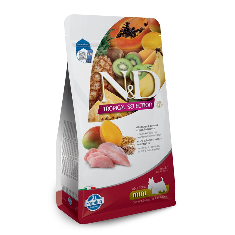 N&D Tropical Selection Dog Adult Mini Chicken and Tropical Fruits – суха храна за кучета над 1 година от дребни породи