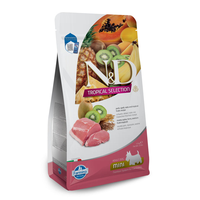 N&D Tropical Selection Dog Adult Mini Pork and Tropical Fruits – суха храна за кучета над 1 година от дребни породи