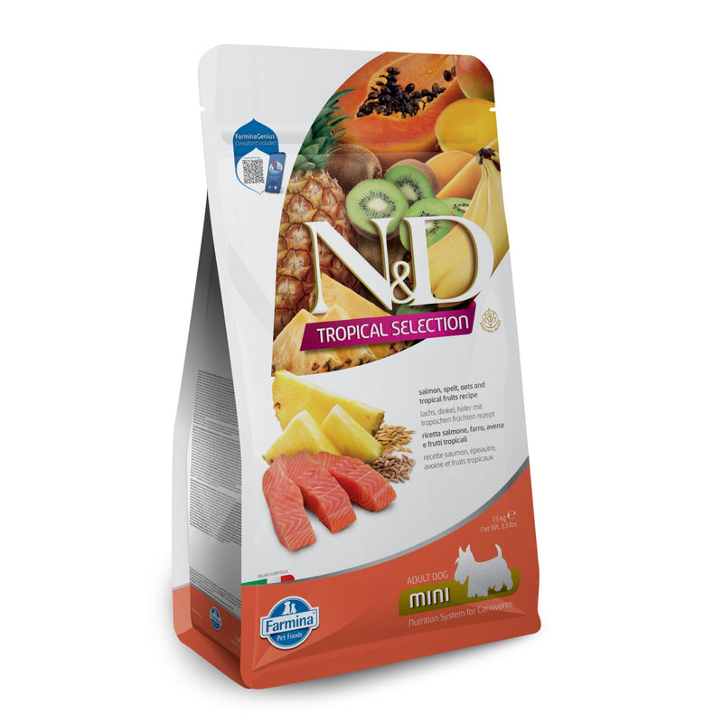 N&D Tropical Selection Dog Adult Mini Salmon and Tropical Fruits – суха храна за кучета над 1 година от дребни породи