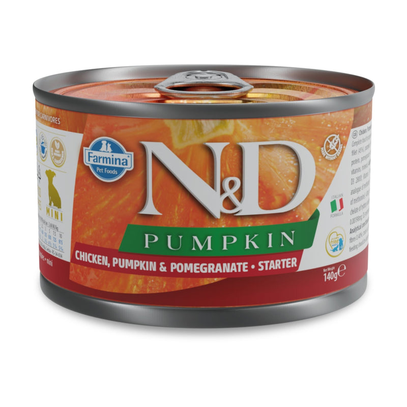 N&D Pumpkin Chicken & Pomegranate Starter Puppy – беззърнена мокра храна за подрастващи кученца до 2 месеца от дребни породи