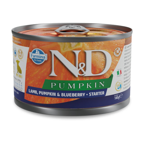 N&D Pumpkin Lamb & Blueberry Starter Mini – беззърнена мокра храна за подрастващи кученца до 2 месеца от дребни породи